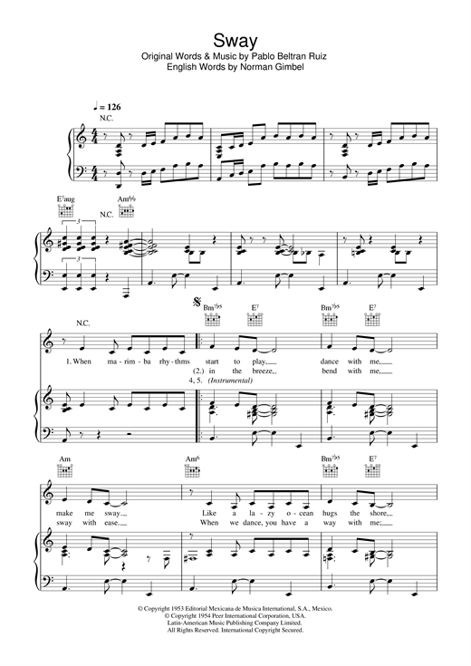 Preview Pussycat Dolls Sway (Quien Sera) Pop sheet music, notes and chords for Piano, Vocal & Guitar (Right-Hand Melody), SKU: 33927 sheet music, piano notes, chords, guitar tabs, score, transpose, transcribe, how to play, guide, download, learn, tutorial, progression, song, artist, awards, billboard, mtv, vh1, tour, single, album, release