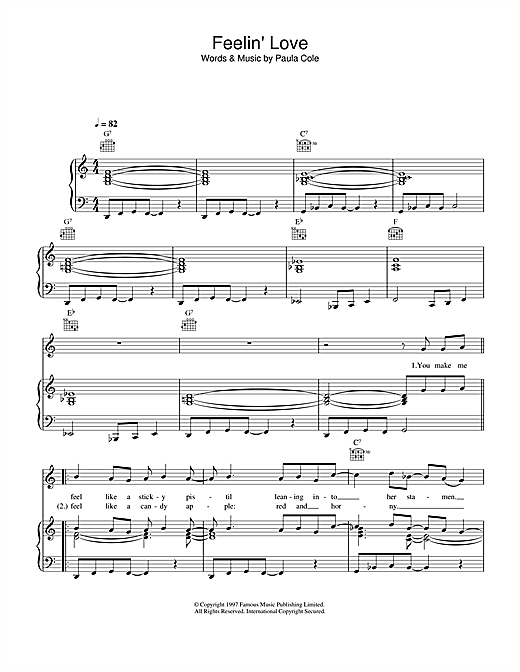 Preview Paula Cole Feelin' Love Pop sheet music, notes and chords for Piano, Vocal & Guitar (Right-Hand Melody), SKU: 33928 sheet music, piano notes, chords, guitar tabs, score, transpose, transcribe, how to play, guide, download, learn, tutorial, progression, song, artist, awards, billboard, mtv, vh1, tour, single, album, release