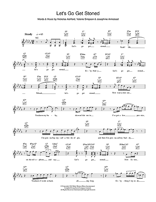 Preview Ray Charles Let's Go Get Stoned Soul sheet music, notes and chords for Melody Line, Lyrics & Chords, SKU: 33930 sheet music, piano notes, chords, guitar tabs, score, transpose, transcribe, how to play, guide, download, learn, tutorial, progression, song, artist, awards, billboard, mtv, vh1, tour, single, album, release