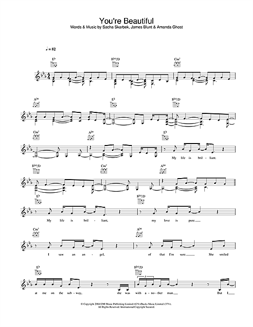 Preview James Blunt You're Beautiful Pop sheet music, notes and chords for Melody Line, Lyrics & Chords, SKU: 33934 sheet music, piano notes, chords, guitar tabs, score, transpose, transcribe, how to play, guide, download, learn, tutorial, progression, song, artist, awards, billboard, mtv, vh1, tour, single, album, release