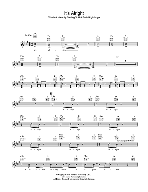 Preview Pet Shop Boys It's Alright Pop sheet music, notes and chords for Melody Line, Lyrics & Chords, SKU: 33939 sheet music, piano notes, chords, guitar tabs, score, transpose, transcribe, how to play, guide, download, learn, tutorial, progression, song, artist, awards, billboard, mtv, vh1, tour, single, album, release