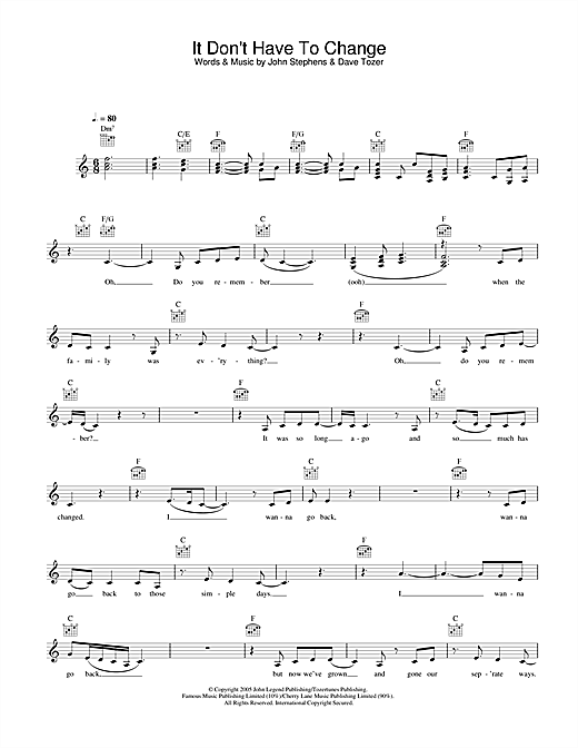 Preview John Legend It Don't Have To Change Pop sheet music, notes and chords for Melody Line, Lyrics & Chords, SKU: 33942 sheet music, piano notes, chords, guitar tabs, score, transpose, transcribe, how to play, guide, download, learn, tutorial, progression, song, artist, awards, billboard, mtv, vh1, tour, single, album, release