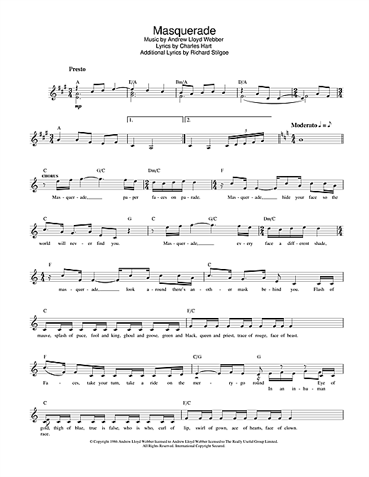 Preview Andrew Lloyd Webber Masquerade (from The Phantom Of The Opera) Musicals sheet music, notes and chords for Melody Line, Lyrics & Chords, SKU: 33943 sheet music, piano notes, chords, guitar tabs, score, transpose, transcribe, how to play, guide, download, learn, tutorial, progression, song, artist, awards, billboard, mtv, vh1, tour, single, album, release