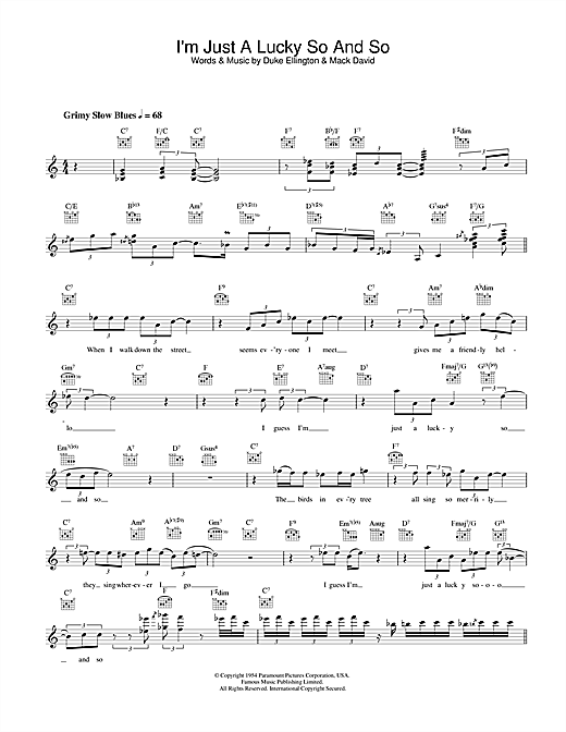 Preview Diana Krall I'm Just A Lucky So And So Jazz sheet music, notes and chords for Melody Line, Lyrics & Chords, SKU: 33944 sheet music, piano notes, chords, guitar tabs, score, transpose, transcribe, how to play, guide, download, learn, tutorial, progression, song, artist, awards, billboard, mtv, vh1, tour, single, album, release