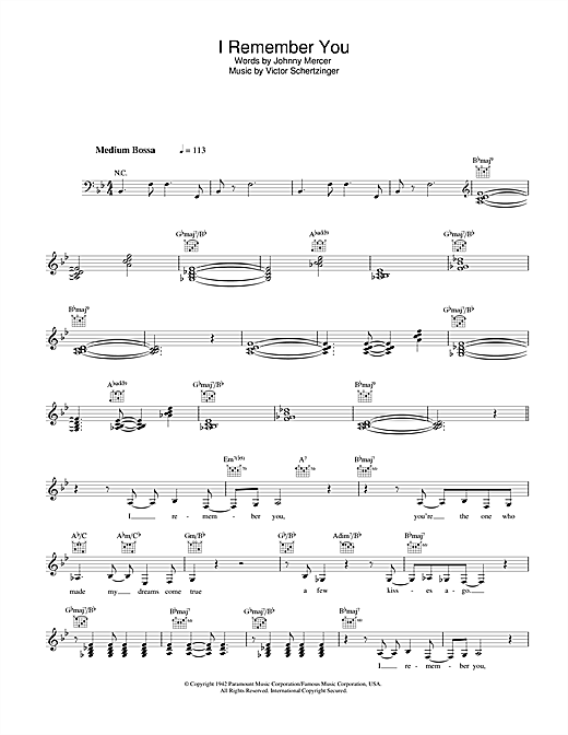 Preview Diana Krall I Remember You Jazz sheet music, notes and chords for Melody Line, Lyrics & Chords, SKU: 33945 sheet music, piano notes, chords, guitar tabs, score, transpose, transcribe, how to play, guide, download, learn, tutorial, progression, song, artist, awards, billboard, mtv, vh1, tour, single, album, release