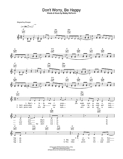 Preview Bobby McFerrin Don't Worry, Be Happy Pop sheet music, notes and chords for Melody Line, Lyrics & Chords, SKU: 33947 sheet music, piano notes, chords, guitar tabs, score, transpose, transcribe, how to play, guide, download, learn, tutorial, progression, song, artist, awards, billboard, mtv, vh1, tour, single, album, release