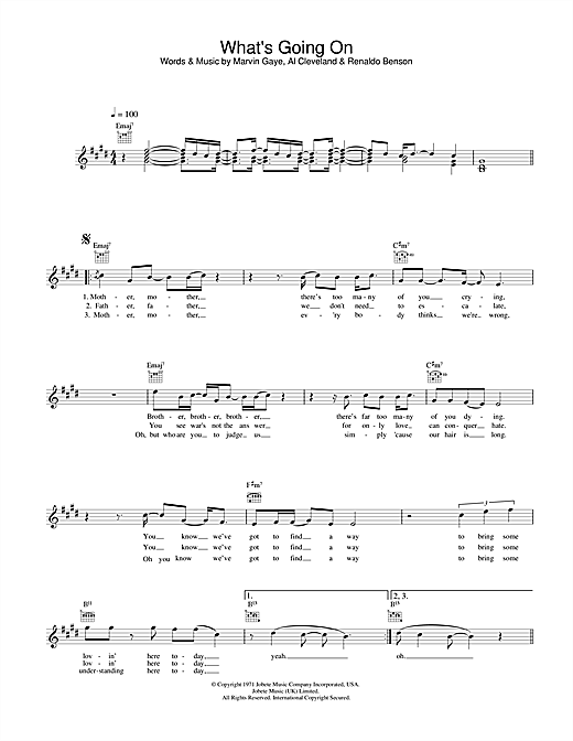 Preview Marvin Gaye What's Going On Soul sheet music, notes and chords for Melody Line, Lyrics & Chords, SKU: 33948 sheet music, piano notes, chords, guitar tabs, score, transpose, transcribe, how to play, guide, download, learn, tutorial, progression, song, artist, awards, billboard, mtv, vh1, tour, single, album, release