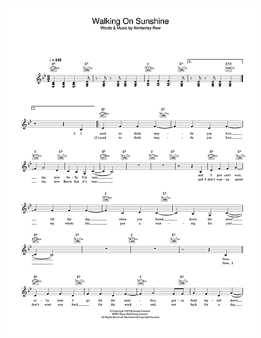 Preview Katrina and the Waves Walking On Sunshine Pop sheet music, notes and chords for Melody Line, Lyrics & Chords, SKU: 33949 sheet music, piano notes, chords, guitar tabs, score, transpose, transcribe, how to play, guide, download, learn, tutorial, progression, song, artist, awards, billboard, mtv, vh1, tour, single, album, release