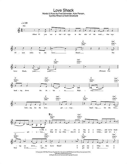 Preview The B-52's Love Shack Pop sheet music, notes and chords for Melody Line, Lyrics & Chords, SKU: 33950 sheet music, piano notes, chords, guitar tabs, score, transpose, transcribe, how to play, guide, download, learn, tutorial, progression, song, artist, awards, billboard, mtv, vh1, tour, single, album, release