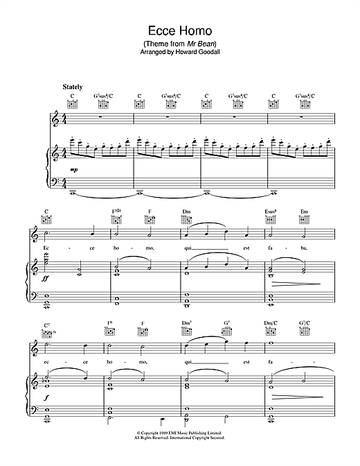 Preview The Choirboys Ecce Homo (theme from Mr Bean) Film and TV sheet music, notes and chords for Piano, Vocal & Guitar (Right-Hand Melody), SKU: 33951 sheet music, piano notes, chords, guitar tabs, score, transpose, transcribe, how to play, guide, download, learn, tutorial, progression, song, artist, awards, billboard, mtv, vh1, tour, single, album, release