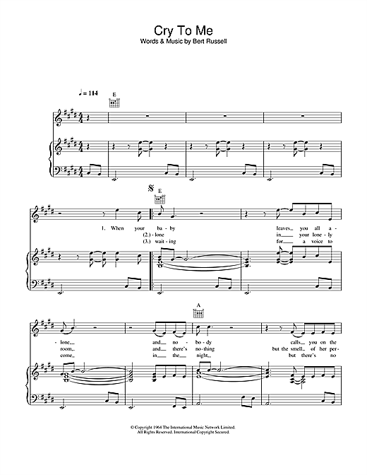 Preview Solomon Burke Cry To Me Soul sheet music, notes and chords for Piano, Vocal & Guitar (Right-Hand Melody), SKU: 33956 sheet music, piano notes, chords, guitar tabs, score, transpose, transcribe, how to play, guide, download, learn, tutorial, progression, song, artist, awards, billboard, mtv, vh1, tour, single, album, release