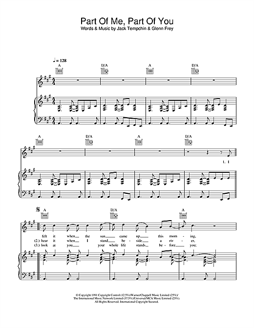 Preview Glenn Frey Part Of Me, Part Of You Rock sheet music, notes and chords for Piano, Vocal & Guitar (Right-Hand Melody), SKU: 33957 sheet music, piano notes, chords, guitar tabs, score, transpose, transcribe, how to play, guide, download, learn, tutorial, progression, song, artist, awards, billboard, mtv, vh1, tour, single, album, release