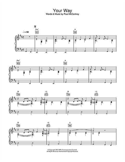 Preview Paul McCartney Your Way Rock sheet music, notes and chords for Piano, Vocal & Guitar (Right-Hand Melody), SKU: 33969 sheet music, piano notes, chords, guitar tabs, score, transpose, transcribe, how to play, guide, download, learn, tutorial, progression, song, artist, awards, billboard, mtv, vh1, tour, single, album, release