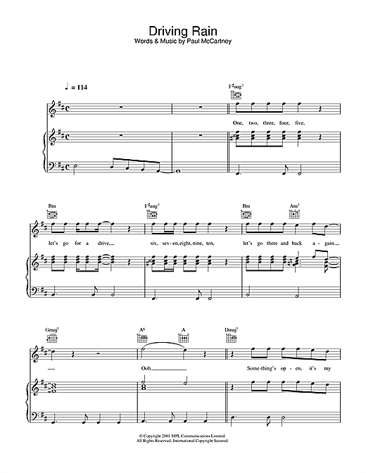 Preview Paul McCartney Driving Rain Rock sheet music, notes and chords for Piano, Vocal & Guitar (Right-Hand Melody), SKU: 33971 sheet music, piano notes, chords, guitar tabs, score, transpose, transcribe, how to play, guide, download, learn, tutorial, progression, song, artist, awards, billboard, mtv, vh1, tour, single, album, release