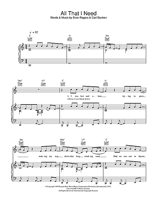 Preview Boyzone All That I Need Pop sheet music, notes and chords for Piano, Vocal & Guitar (Right-Hand Melody), SKU: 33972 sheet music, piano notes, chords, guitar tabs, score, transpose, transcribe, how to play, guide, download, learn, tutorial, progression, song, artist, awards, billboard, mtv, vh1, tour, single, album, release