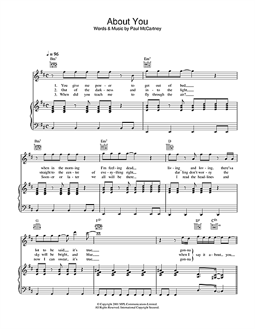 Preview Paul McCartney About You Rock sheet music, notes and chords for Piano, Vocal & Guitar, SKU: 33973 sheet music, piano notes, chords, guitar tabs, score, transpose, transcribe, how to play, guide, download, learn, tutorial, progression, song, artist, awards, billboard, mtv, vh1, tour, single, album, release
