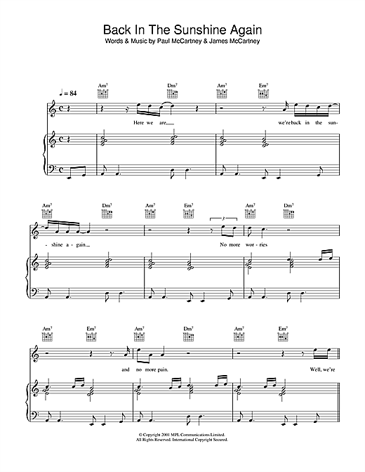 Preview Paul McCartney Back In The Sunshine Again Rock sheet music, notes and chords for Piano, Vocal & Guitar, SKU: 33978 sheet music, piano notes, chords, guitar tabs, score, transpose, transcribe, how to play, guide, download, learn, tutorial, progression, song, artist, awards, billboard, mtv, vh1, tour, single, album, release