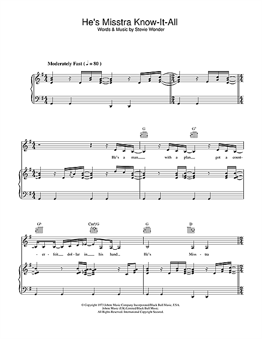 Preview Stevie Wonder He's Misstra Know-It-All Soul sheet music, notes and chords for Piano, Vocal & Guitar, SKU: 33980 sheet music, piano notes, chords, guitar tabs, score, transpose, transcribe, how to play, guide, download, learn, tutorial, progression, song, artist, awards, billboard, mtv, vh1, tour, single, album, release