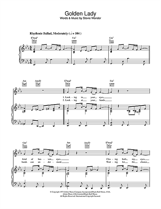 Preview Stevie Wonder Golden Lady Soul sheet music, notes and chords for Piano, Vocal & Guitar (Right-Hand Melody), SKU: 33981 sheet music, piano notes, chords, guitar tabs, score, transpose, transcribe, how to play, guide, download, learn, tutorial, progression, song, artist, awards, billboard, mtv, vh1, tour, single, album, release