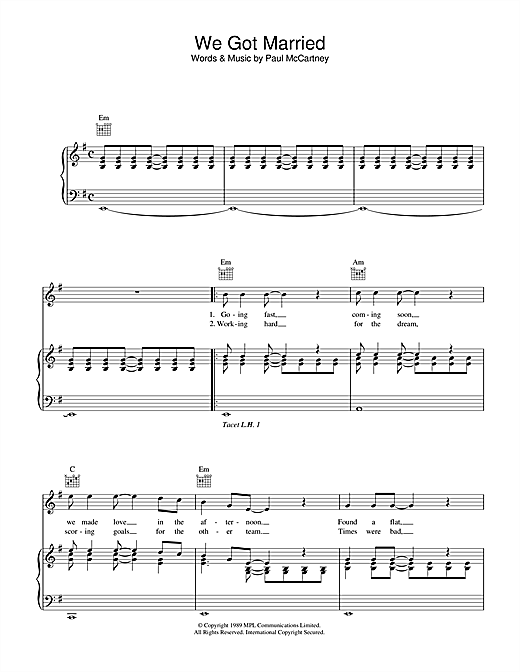 Preview Paul McCartney We Got Married Rock sheet music, notes and chords for Piano, Vocal & Guitar (Right-Hand Melody), SKU: 33984 sheet music, piano notes, chords, guitar tabs, score, transpose, transcribe, how to play, guide, download, learn, tutorial, progression, song, artist, awards, billboard, mtv, vh1, tour, single, album, release