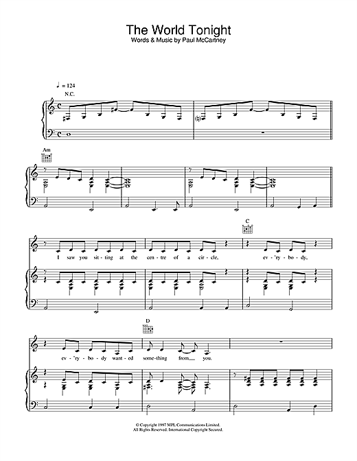 Preview Paul McCartney The World Tonight Rock sheet music, notes and chords for Piano, Vocal & Guitar (Right-Hand Melody), SKU: 33985 sheet music, piano notes, chords, guitar tabs, score, transpose, transcribe, how to play, guide, download, learn, tutorial, progression, song, artist, awards, billboard, mtv, vh1, tour, single, album, release