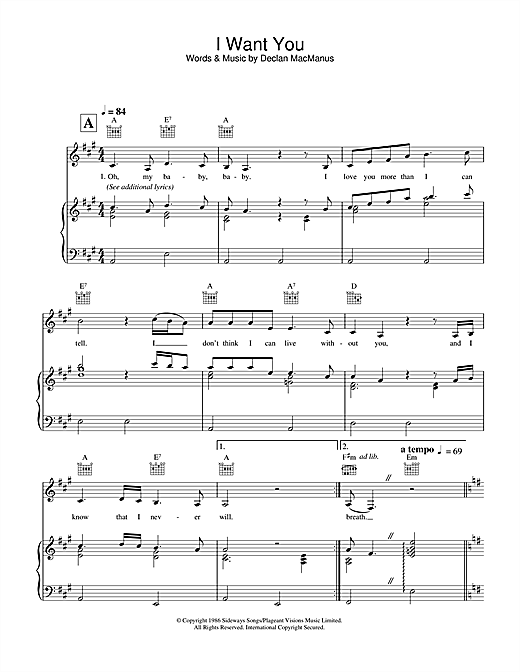 Preview Elvis Costello I Want You Pop sheet music, notes and chords for Piano, Vocal & Guitar (Right-Hand Melody), SKU: 33986 sheet music, piano notes, chords, guitar tabs, score, transpose, transcribe, how to play, guide, download, learn, tutorial, progression, song, artist, awards, billboard, mtv, vh1, tour, single, album, release