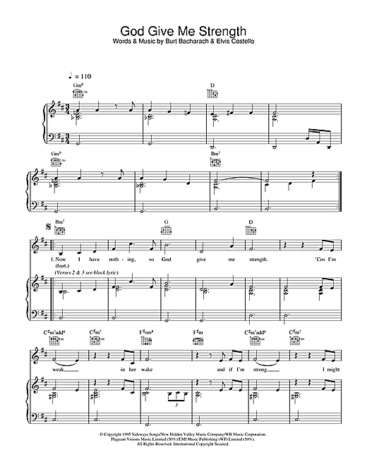 Preview Elvis Costello and Burt Bacharach God Give Me Strength Pop sheet music, notes and chords for Piano, Vocal & Guitar (Right-Hand Melody), SKU: 33987 sheet music, piano notes, chords, guitar tabs, score, transpose, transcribe, how to play, guide, download, learn, tutorial, progression, song, artist, awards, billboard, mtv, vh1, tour, single, album, release