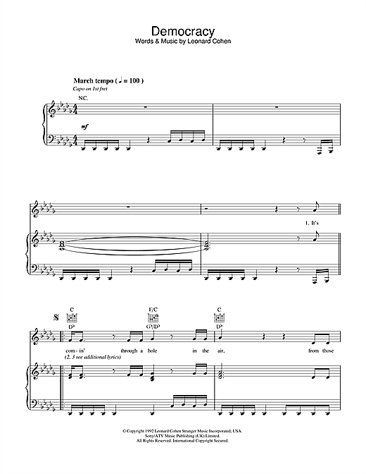 Preview Leonard Cohen Democracy Pop sheet music, notes and chords for Piano, Vocal & Guitar (Right-Hand Melody), SKU: 33988 sheet music, piano notes, chords, guitar tabs, score, transpose, transcribe, how to play, guide, download, learn, tutorial, progression, song, artist, awards, billboard, mtv, vh1, tour, single, album, release