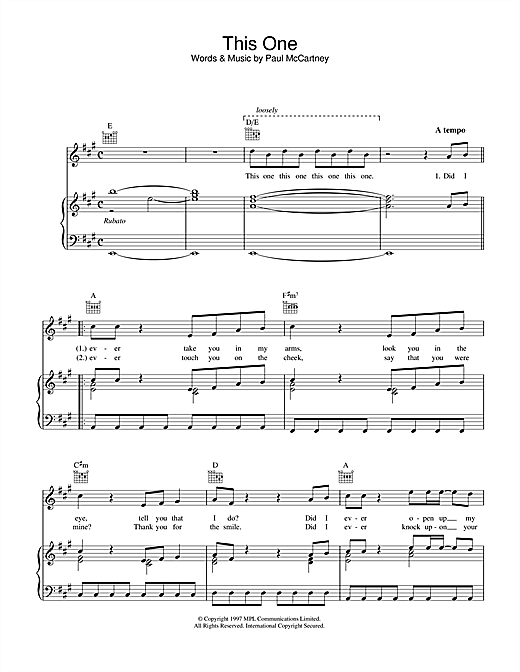Preview Paul McCartney This One Rock sheet music, notes and chords for Piano, Vocal & Guitar (Right-Hand Melody), SKU: 33989 sheet music, piano notes, chords, guitar tabs, score, transpose, transcribe, how to play, guide, download, learn, tutorial, progression, song, artist, awards, billboard, mtv, vh1, tour, single, album, release