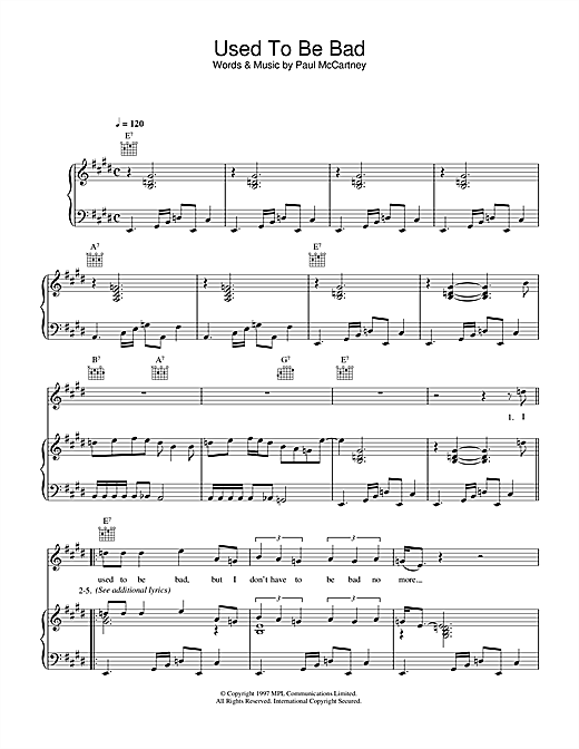 Preview Paul McCartney Used To Be Bad Rock sheet music, notes and chords for Piano, Vocal & Guitar (Right-Hand Melody), SKU: 33990 sheet music, piano notes, chords, guitar tabs, score, transpose, transcribe, how to play, guide, download, learn, tutorial, progression, song, artist, awards, billboard, mtv, vh1, tour, single, album, release
