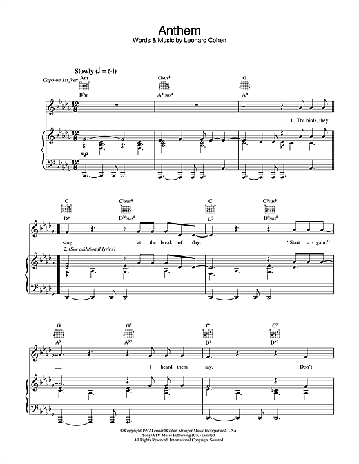 Preview Leonard Cohen Anthem Pop sheet music, notes and chords for Piano, Vocal & Guitar (Right-Hand Melody), SKU: 33994 sheet music, piano notes, chords, guitar tabs, score, transpose, transcribe, how to play, guide, download, learn, tutorial, progression, song, artist, awards, billboard, mtv, vh1, tour, single, album, release
