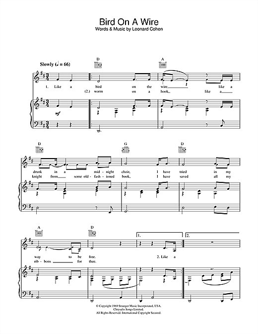 Preview Leonard Cohen Bird On The Wire (Bird On A Wire) Pop sheet music, notes and chords for Piano, Vocal & Guitar (Right-Hand Melody), SKU: 33995 sheet music, piano notes, chords, guitar tabs, score, transpose, transcribe, how to play, guide, download, learn, tutorial, progression, song, artist, awards, billboard, mtv, vh1, tour, single, album, release