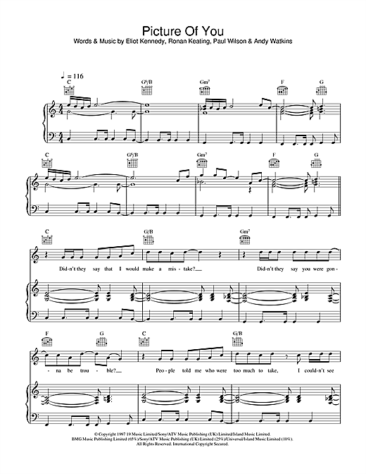 Preview Boyzone Picture Of You Pop sheet music, notes and chords for Piano, Vocal & Guitar, SKU: 33999 sheet music, piano notes, chords, guitar tabs, score, transpose, transcribe, how to play, guide, download, learn, tutorial, progression, song, artist, awards, billboard, mtv, vh1, tour, single, album, release