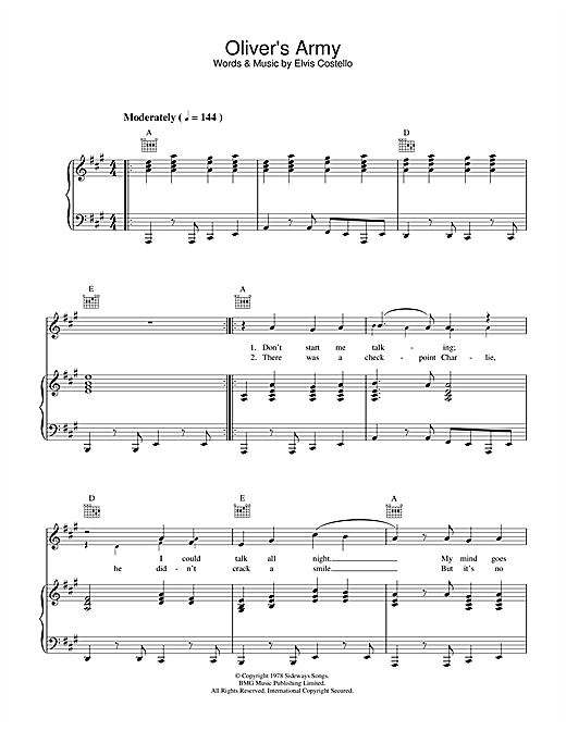 Preview Elvis Costello Oliver's Army Pop sheet music, notes and chords for Piano, Vocal & Guitar (Right-Hand Melody), SKU: 34000 sheet music, piano notes, chords, guitar tabs, score, transpose, transcribe, how to play, guide, download, learn, tutorial, progression, song, artist, awards, billboard, mtv, vh1, tour, single, album, release