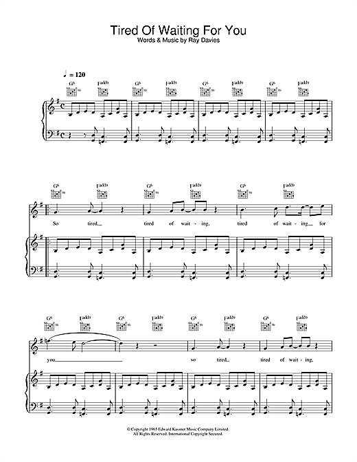 Preview The Kinks Tired Of Waiting For You Pop sheet music, notes and chords for Piano, Vocal & Guitar, SKU: 34001 sheet music, piano notes, chords, guitar tabs, score, transpose, transcribe, how to play, guide, download, learn, tutorial, progression, song, artist, awards, billboard, mtv, vh1, tour, single, album, release