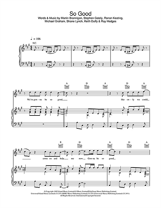Preview Boyzone So Good Pop sheet music, notes and chords for Piano, Vocal & Guitar (Right-Hand Melody), SKU: 34003 sheet music, piano notes, chords, guitar tabs, score, transpose, transcribe, how to play, guide, download, learn, tutorial, progression, song, artist, awards, billboard, mtv, vh1, tour, single, album, release