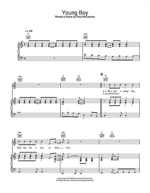 Preview Paul McCartney Young Boy Rock sheet music, notes and chords for Piano, Vocal & Guitar (Right-Hand Melody), SKU: 34007 sheet music, piano notes, chords, guitar tabs, score, transpose, transcribe, how to play, guide, download, learn, tutorial, progression, song, artist, awards, billboard, mtv, vh1, tour, single, album, release