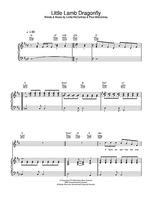 Preview Paul McCartney Little Lamb Dragonfly Rock sheet music, notes and chords for Piano, Vocal & Guitar, SKU: 34008 sheet music, piano notes, chords, guitar tabs, score, transpose, transcribe, how to play, guide, download, learn, tutorial, progression, song, artist, awards, billboard, mtv, vh1, tour, single, album, release