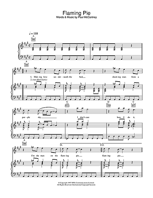 Preview Paul McCartney Flaming Pie Rock sheet music, notes and chords for Piano, Vocal & Guitar (Right-Hand Melody), SKU: 34009 sheet music, piano notes, chords, guitar tabs, score, transpose, transcribe, how to play, guide, download, learn, tutorial, progression, song, artist, awards, billboard, mtv, vh1, tour, single, album, release