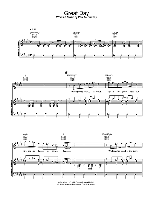 Preview Paul McCartney Great Day Rock sheet music, notes and chords for Piano, Vocal & Guitar (Right-Hand Melody), SKU: 34010 sheet music, piano notes, chords, guitar tabs, score, transpose, transcribe, how to play, guide, download, learn, tutorial, progression, song, artist, awards, billboard, mtv, vh1, tour, single, album, release