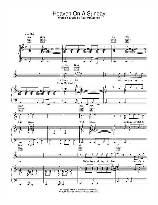 Preview Paul McCartney Heaven On A Sunday Rock sheet music, notes and chords for Piano, Vocal & Guitar (Right-Hand Melody), SKU: 34011 sheet music, piano notes, chords, guitar tabs, score, transpose, transcribe, how to play, guide, download, learn, tutorial, progression, song, artist, awards, billboard, mtv, vh1, tour, single, album, release