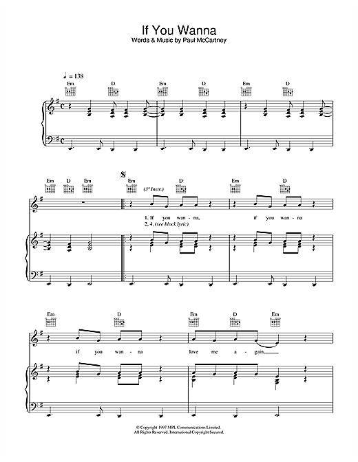 Preview Paul McCartney If You Wanna Rock sheet music, notes and chords for Piano, Vocal & Guitar (Right-Hand Melody), SKU: 34012 sheet music, piano notes, chords, guitar tabs, score, transpose, transcribe, how to play, guide, download, learn, tutorial, progression, song, artist, awards, billboard, mtv, vh1, tour, single, album, release