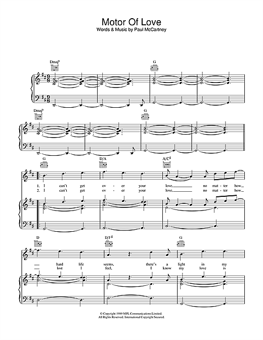 Preview Paul McCartney Motor Of Love Rock sheet music, notes and chords for Piano, Vocal & Guitar (Right-Hand Melody), SKU: 34014 sheet music, piano notes, chords, guitar tabs, score, transpose, transcribe, how to play, guide, download, learn, tutorial, progression, song, artist, awards, billboard, mtv, vh1, tour, single, album, release