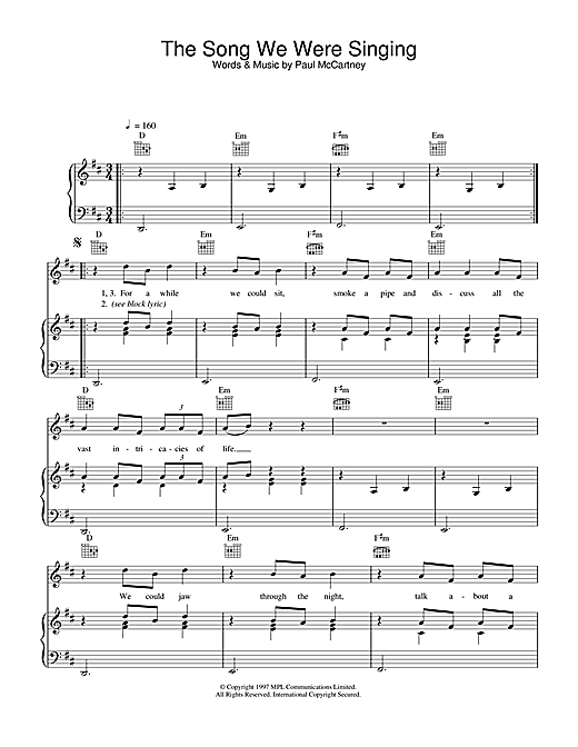 Preview Paul McCartney The Song We Were Singing Rock sheet music, notes and chords for Piano, Vocal & Guitar (Right-Hand Melody), SKU: 34017 sheet music, piano notes, chords, guitar tabs, score, transpose, transcribe, how to play, guide, download, learn, tutorial, progression, song, artist, awards, billboard, mtv, vh1, tour, single, album, release