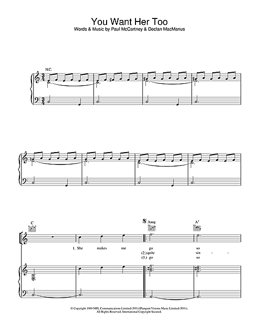 Preview Paul McCartney You Want Her Too Rock sheet music, notes and chords for Piano, Vocal & Guitar (Right-Hand Melody), SKU: 34020 sheet music, piano notes, chords, guitar tabs, score, transpose, transcribe, how to play, guide, download, learn, tutorial, progression, song, artist, awards, billboard, mtv, vh1, tour, single, album, release