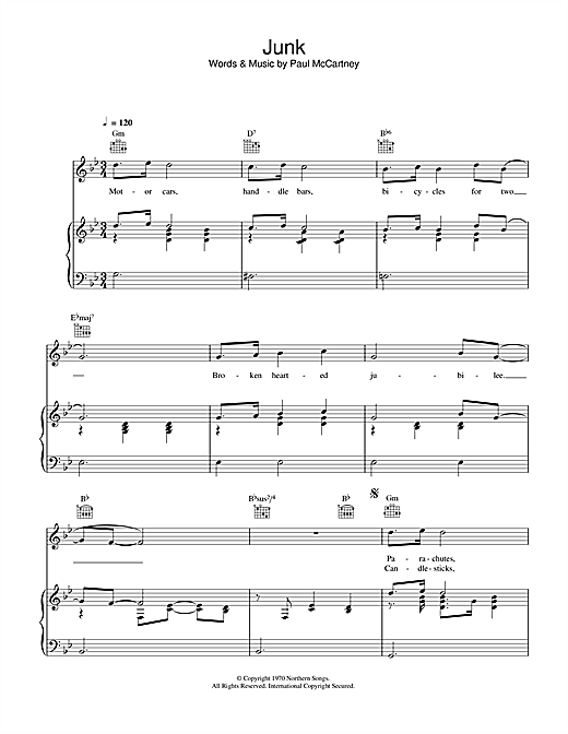 Preview Paul McCartney Junk Rock sheet music, notes and chords for Piano, Vocal & Guitar (Right-Hand Melody), SKU: 34021 sheet music, piano notes, chords, guitar tabs, score, transpose, transcribe, how to play, guide, download, learn, tutorial, progression, song, artist, awards, billboard, mtv, vh1, tour, single, album, release