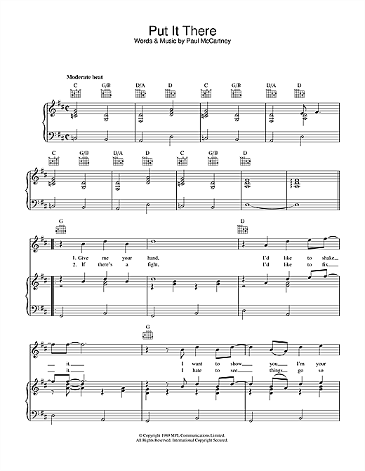 Preview Paul McCartney Put It There Rock sheet music, notes and chords for Piano, Vocal & Guitar (Right-Hand Melody), SKU: 34022 sheet music, piano notes, chords, guitar tabs, score, transpose, transcribe, how to play, guide, download, learn, tutorial, progression, song, artist, awards, billboard, mtv, vh1, tour, single, album, release