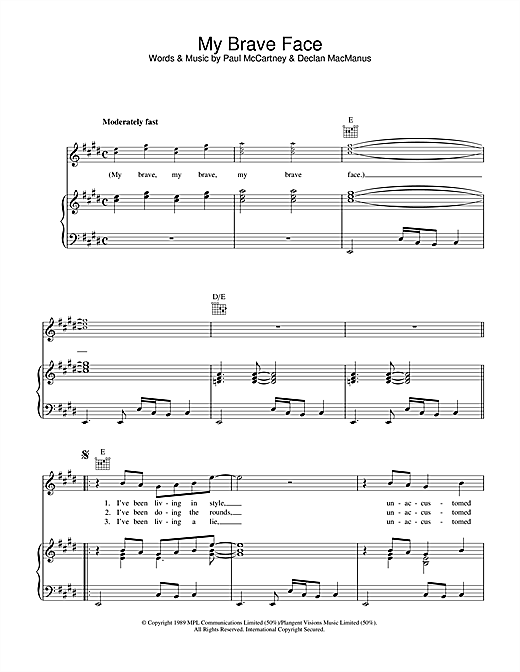 Preview Paul McCartney My Brave Face Rock sheet music, notes and chords for Piano, Vocal & Guitar (Right-Hand Melody), SKU: 34023 sheet music, piano notes, chords, guitar tabs, score, transpose, transcribe, how to play, guide, download, learn, tutorial, progression, song, artist, awards, billboard, mtv, vh1, tour, single, album, release