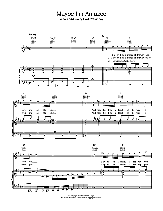 Preview Paul McCartney Maybe I'm Amazed Rock sheet music, notes and chords for Piano, Vocal & Guitar (Right-Hand Melody), SKU: 34025 sheet music, piano notes, chords, guitar tabs, score, transpose, transcribe, how to play, guide, download, learn, tutorial, progression, song, artist, awards, billboard, mtv, vh1, tour, single, album, release