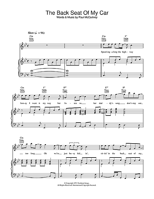 Preview Paul McCartney The Back Seat Of My Car Rock sheet music, notes and chords for Piano, Vocal & Guitar, SKU: 34026 sheet music, piano notes, chords, guitar tabs, score, transpose, transcribe, how to play, guide, download, learn, tutorial, progression, song, artist, awards, billboard, mtv, vh1, tour, single, album, release